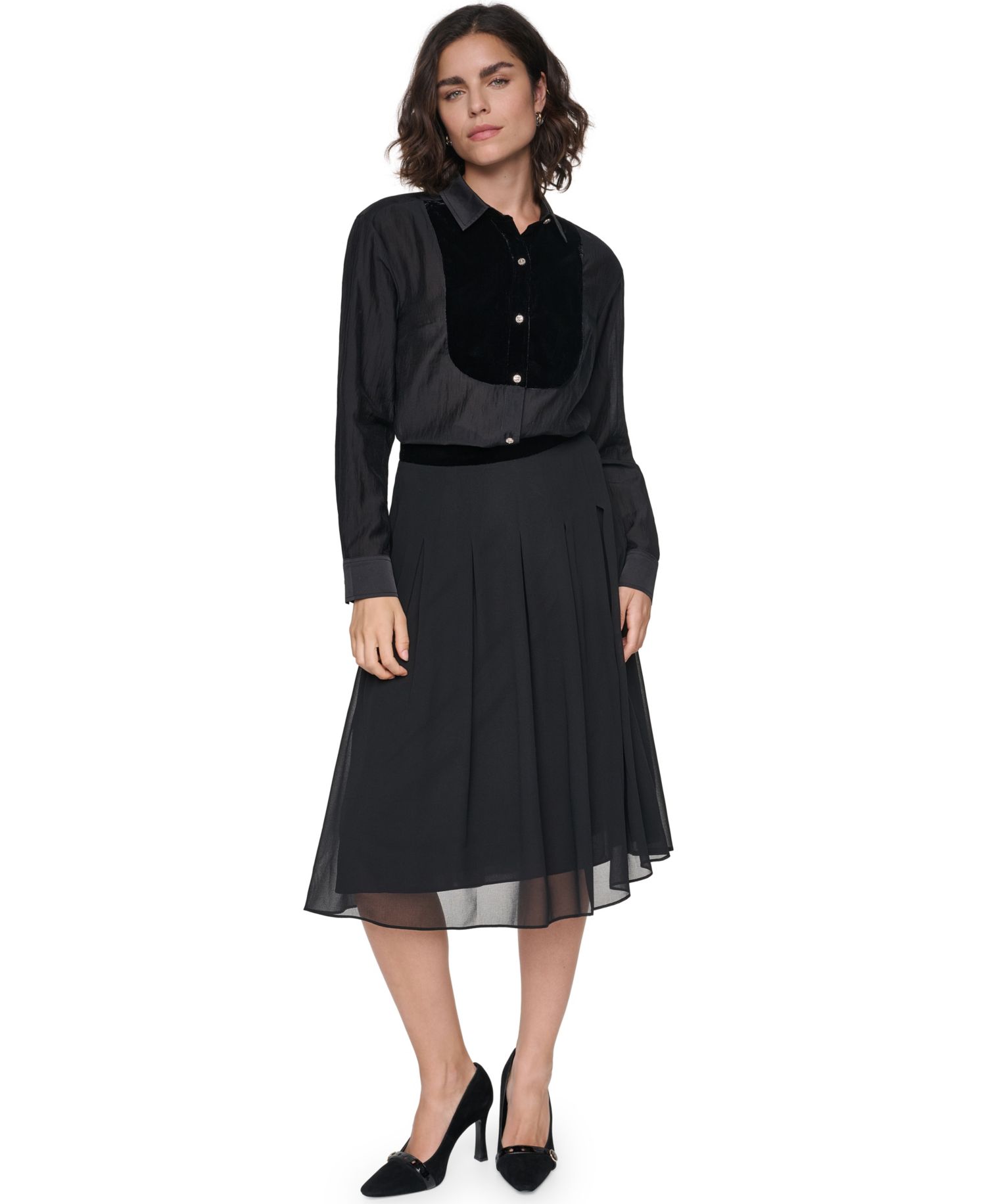 Petite Velvet Woven Long-Sleeve Point-Collar Blouse