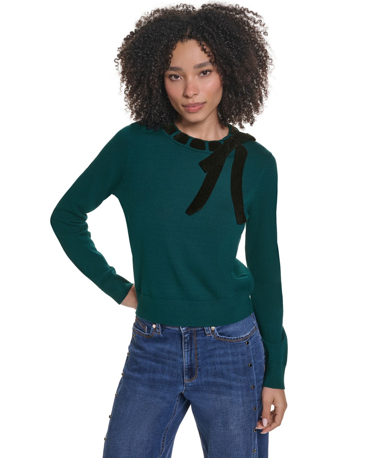 Женский свитер KARL LAGERFELD PARIS Petite Bow Front Crewneck Fitted, цвет: Бирюзовый / Чёрный — фото 1
