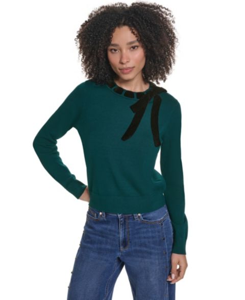 Женский свитер KARL LAGERFELD PARIS Petite Bow Front Crewneck Fitted, цвет: Бирюзовый / Чёрный