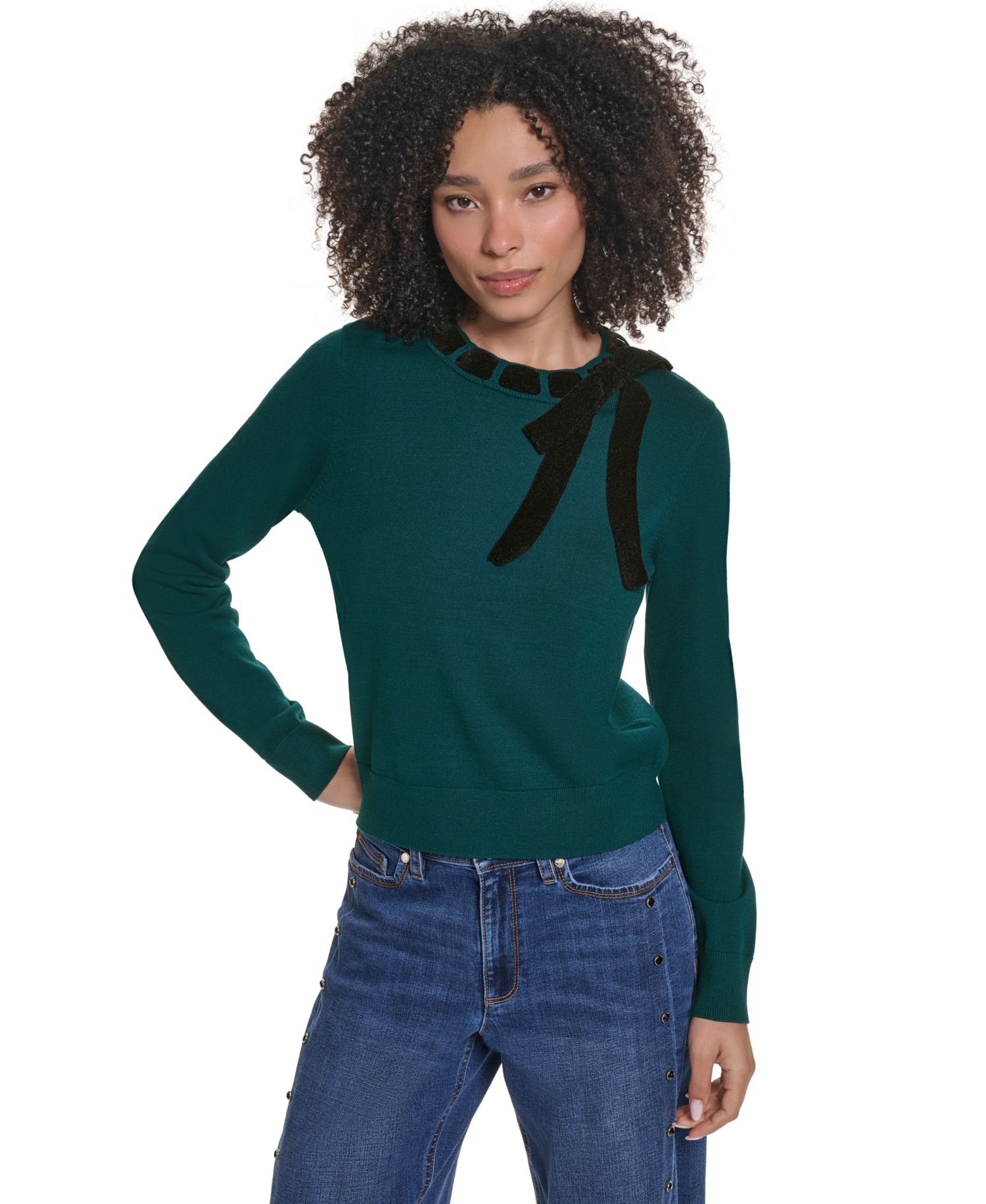 Petite Bow Crewneck Long-Sleeve Sweater
