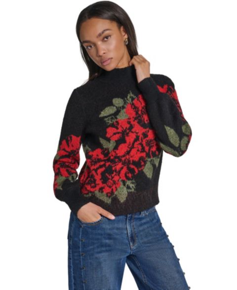 Женский свитер KARL LAGERFELD PARIS Petite Rose Floral-Print Mock Neck, цвет: Чёрный / Красный