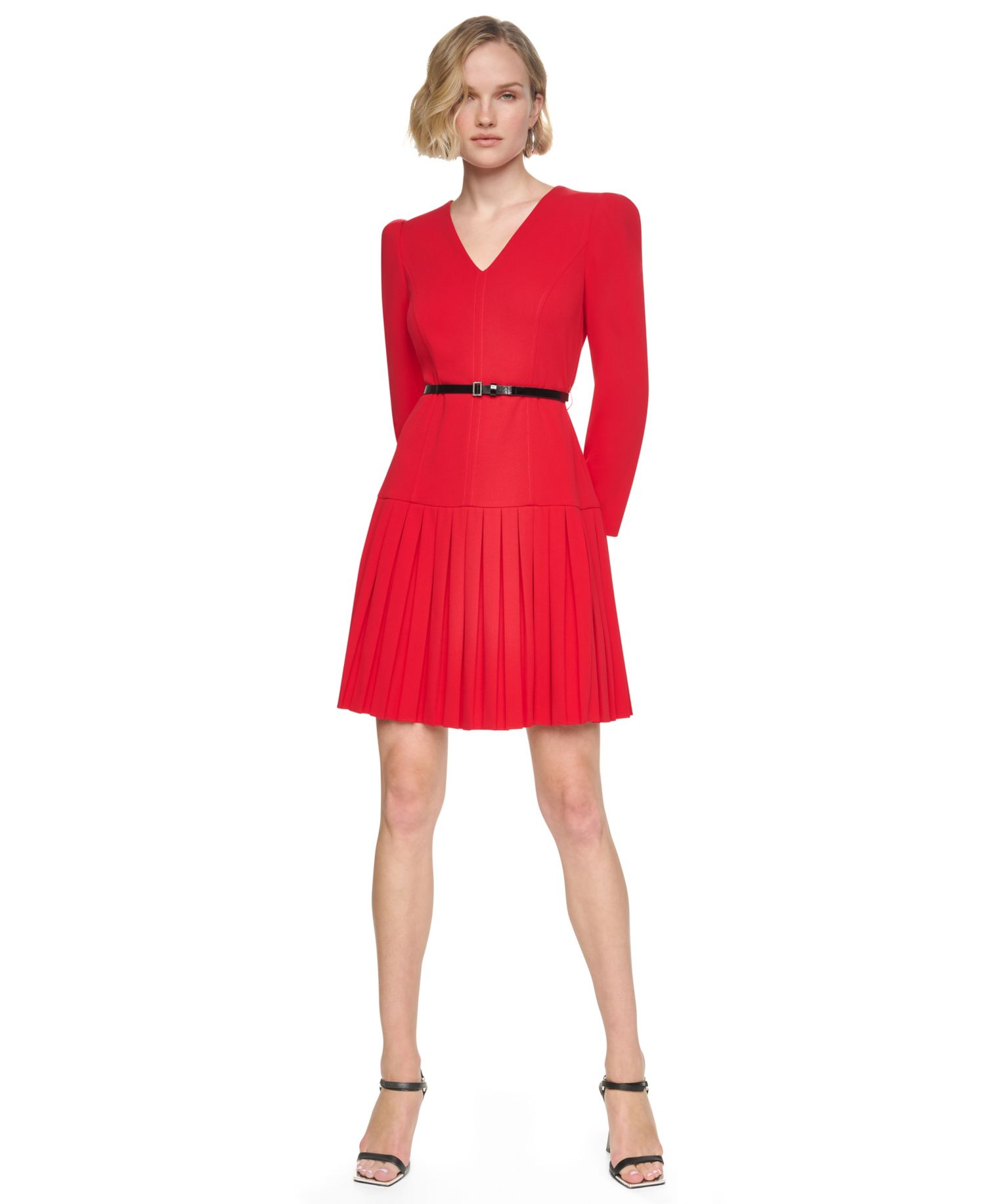 Women's Long-Sleeve V-Neck Pleated Dress