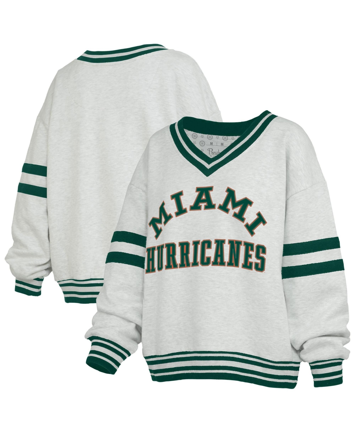 Pressbox Women's Oates Miami Hurricanes Oversized Striped V-Neck Sweatshirt
