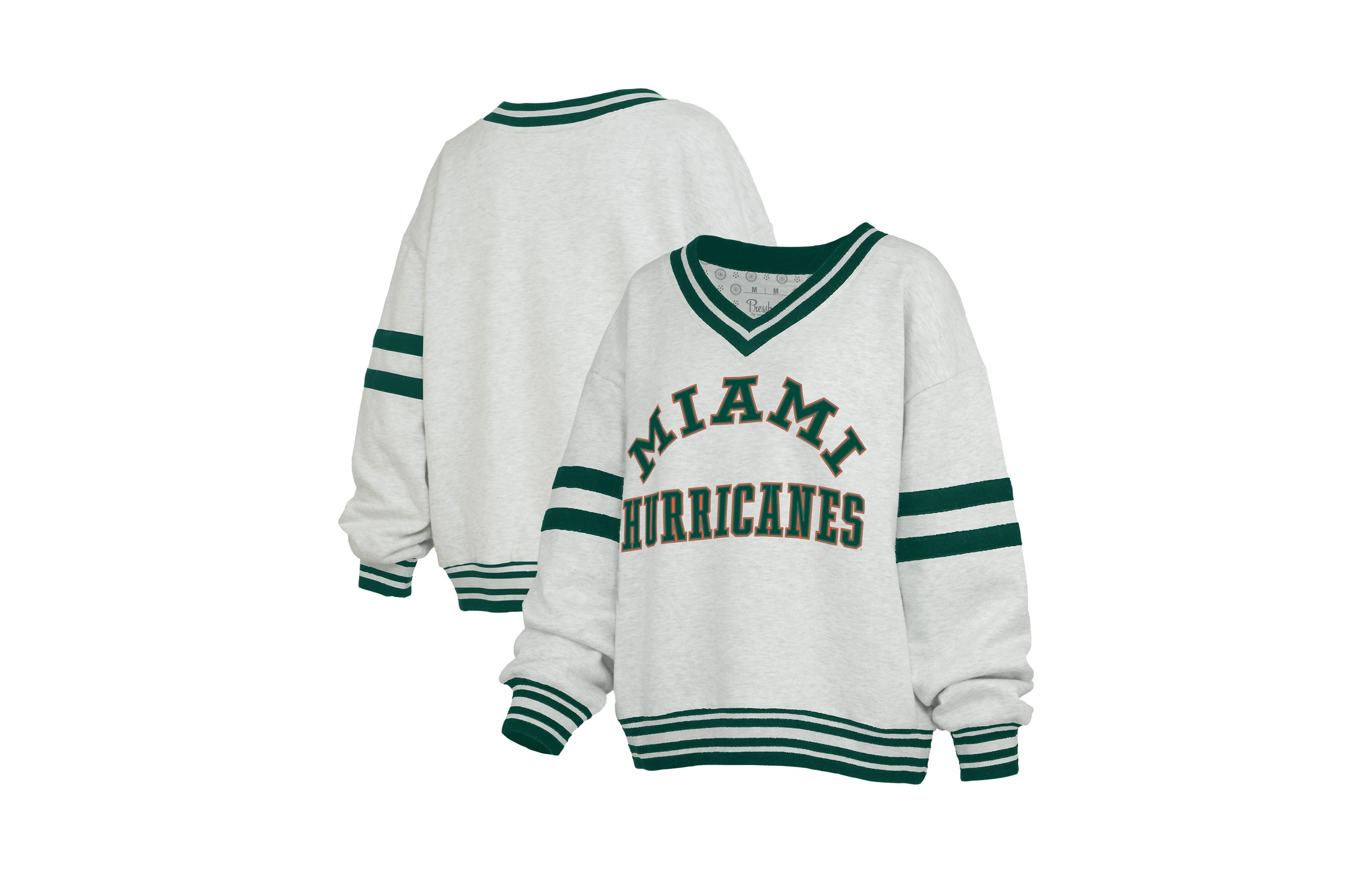Pressbox Women's Oates Miami Hurricanes Oversized Striped V-Neck Sweatshirt