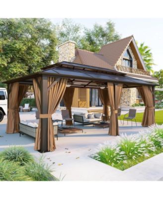 Hardtop Gazebo, Polycarbonate Double Roof Metal Pavilion with Netting and Curtain