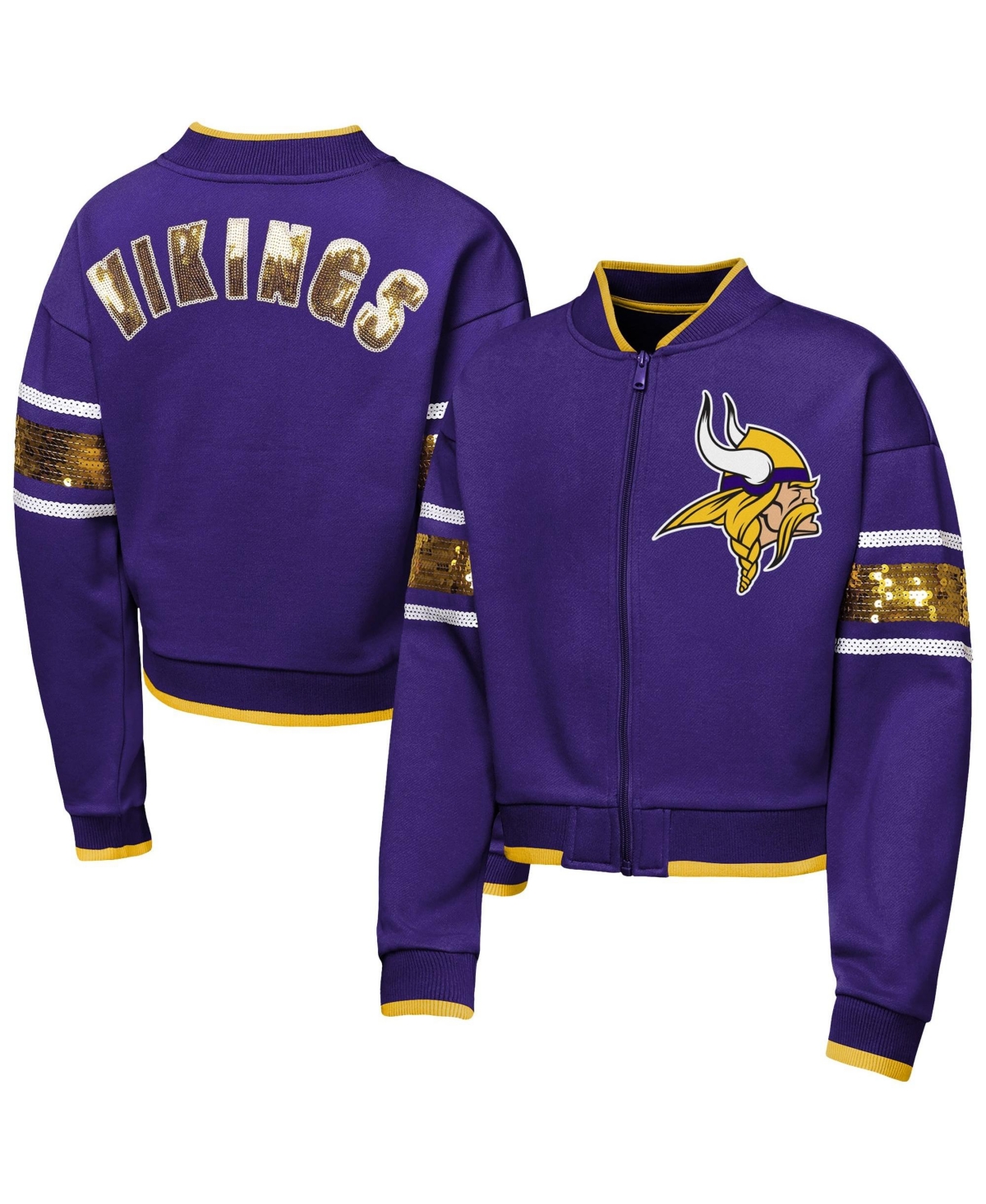 Outerstuff Girls' 4-16 Minnesota Vikings Sequin Full-Zip Fleece-Lined Bomber Jacket