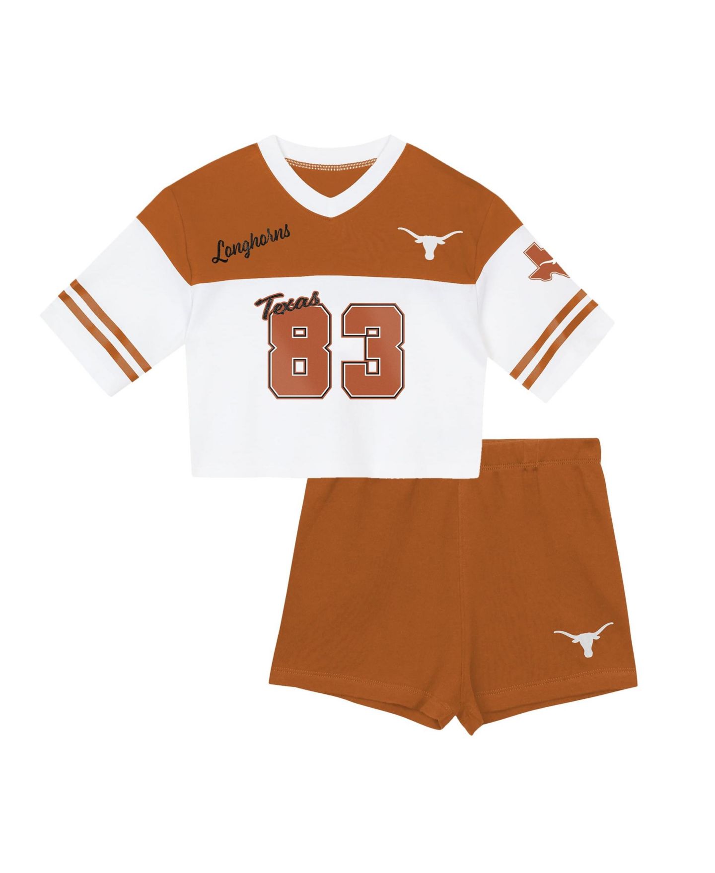 Детский комплект Outerstuff Girls Preschool Texas Orange/White Texas Longhorns Cutest Player V-Neck T-Shirt & Shorts Set — фото 1