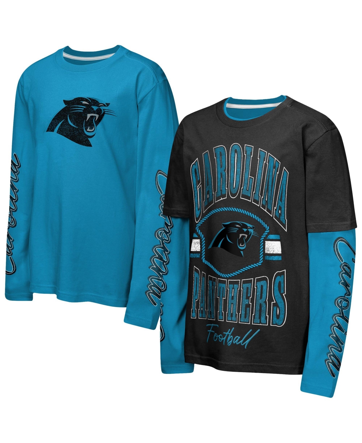 Outerstuff Boys' and Girls' Carolina Panthers Motion Distressed Long-Sleeve and Short-Sleeve T-Shirt, 2-Piece Set - Black, Blue