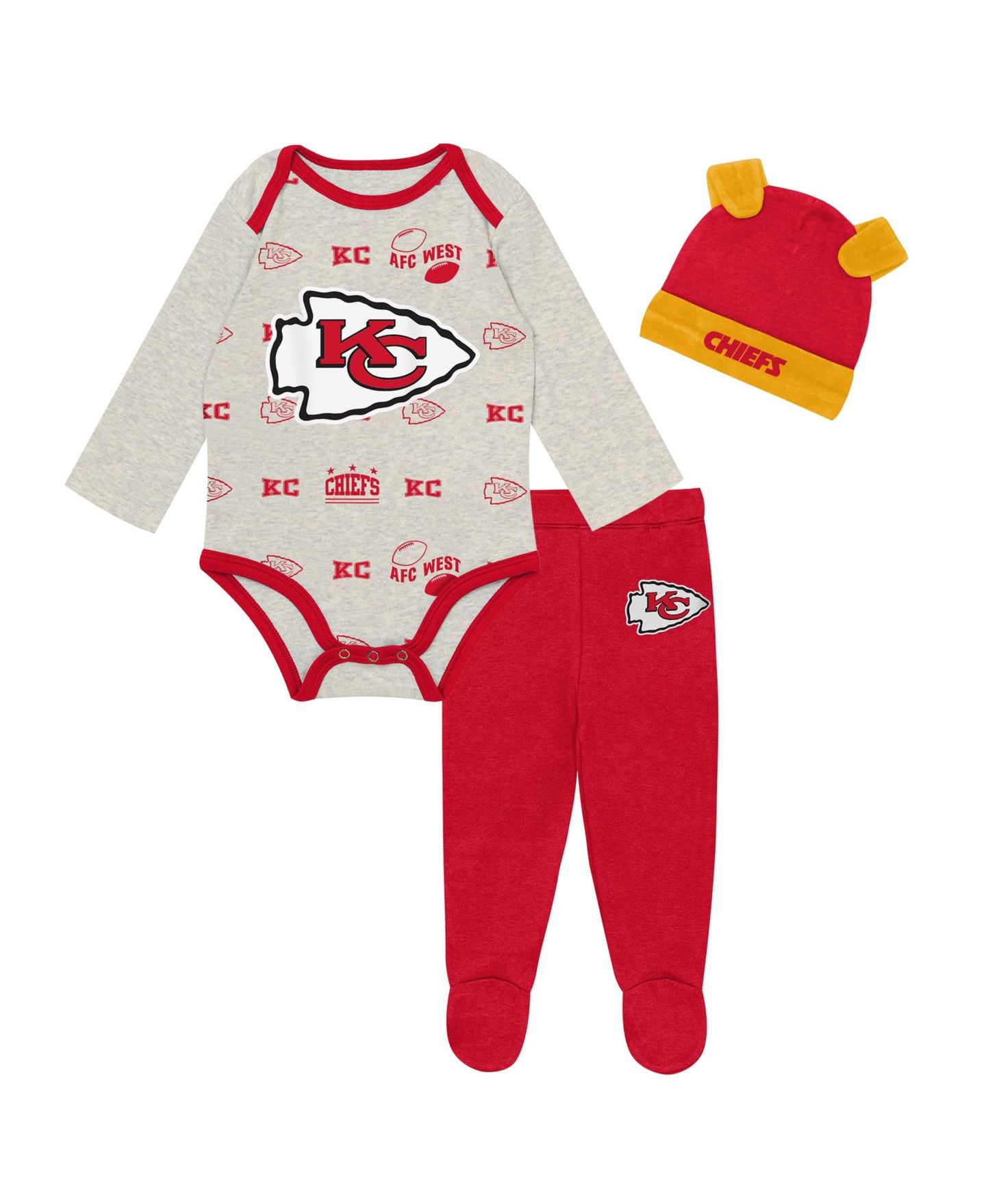 Outerstuff Baby Boys and Girls Heather Gray Kansas City Chiefs Huddles & Giggles 3-Piece Pant and Hat Set — фото 1