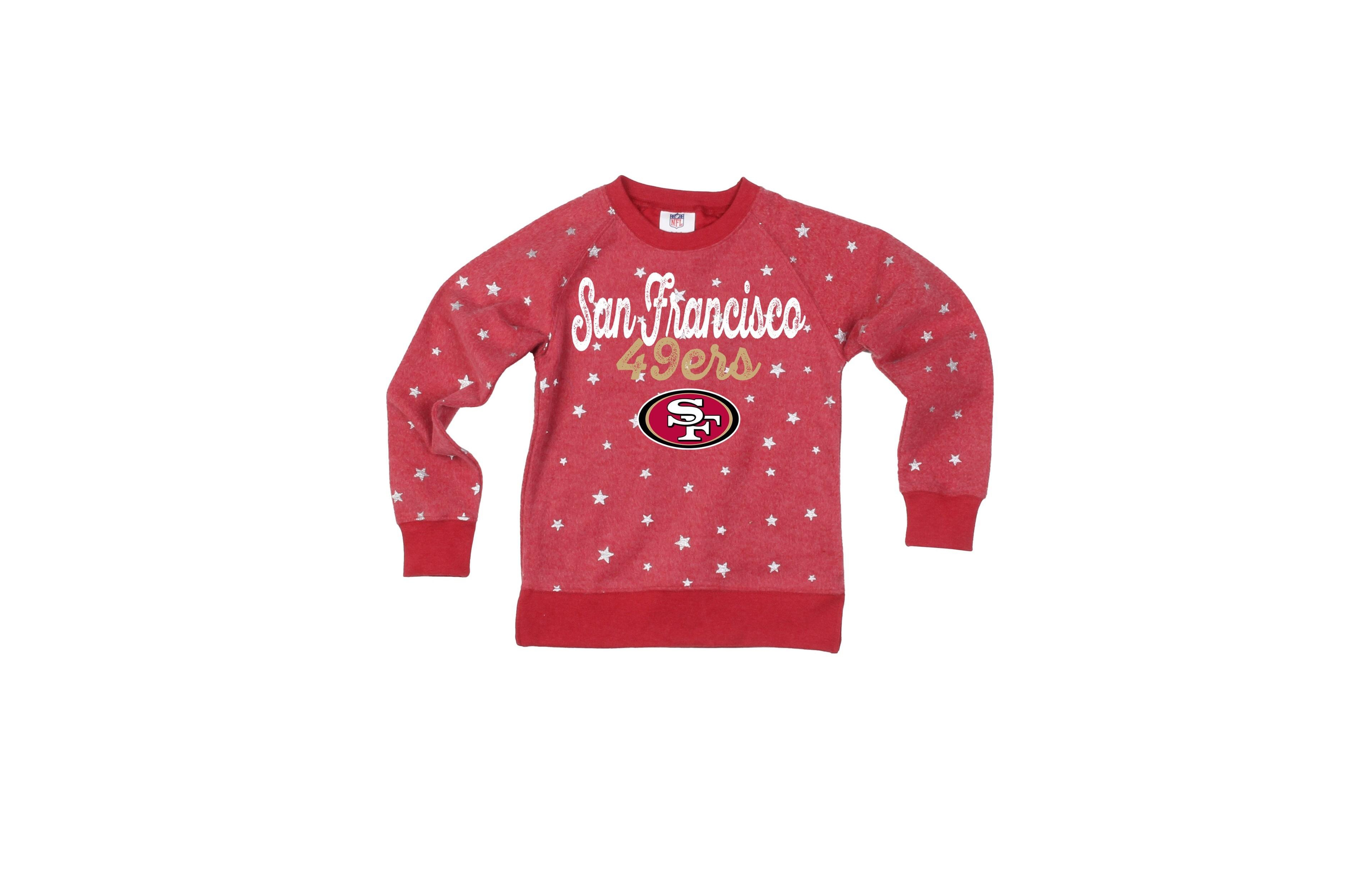 Wes & Willy Girls' 4-16 San Francisco 49ers Shimmer Star Reverse Raglan Crewneck Sweatshirt