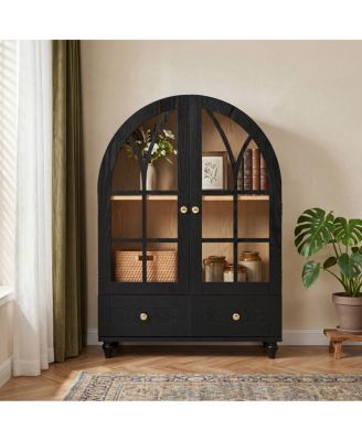  Arched Wood Display Cabinet with Glass Doors and Drawers