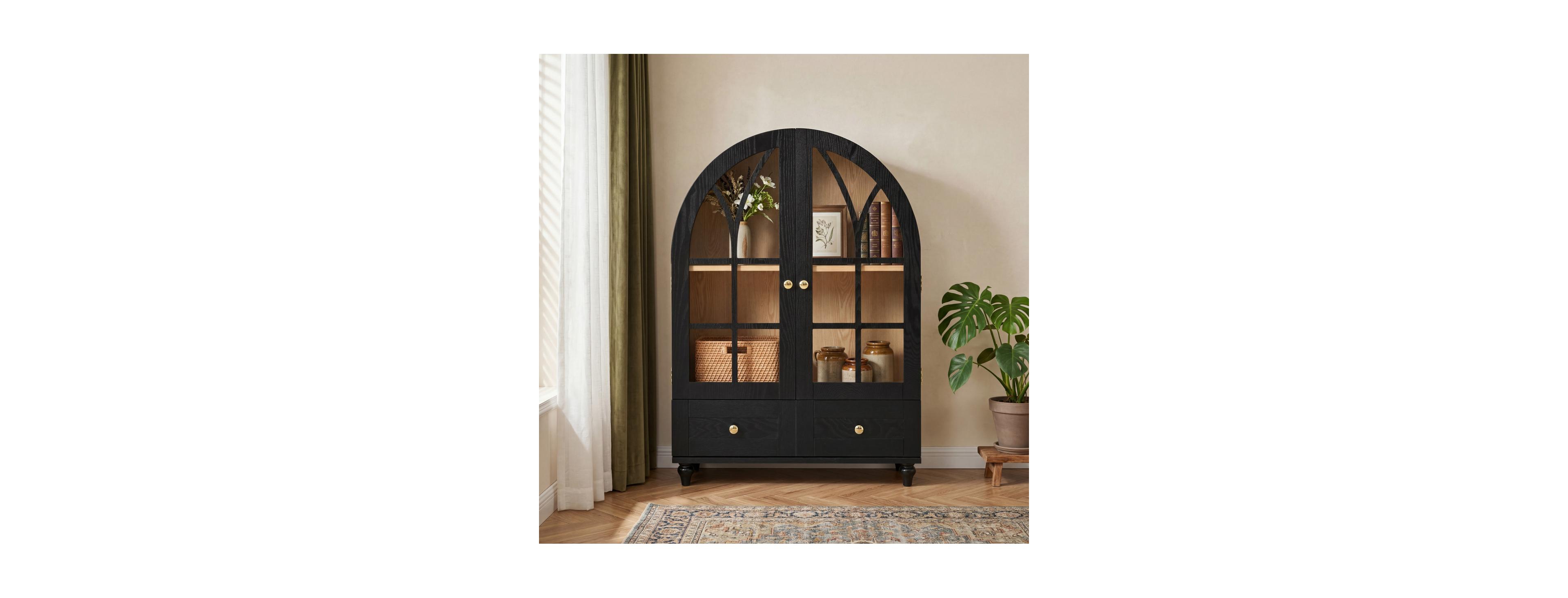 Streamdale Furniture Arched Wood Display Cabinet with Glass Doors and Drawers