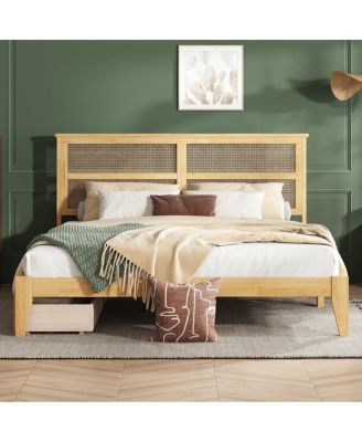 Bed Frame with 2 Storage Drawers, Rubberwood Reinforced Support, Vintage for Bedroom Apartment Dormitory, Adults Household Use