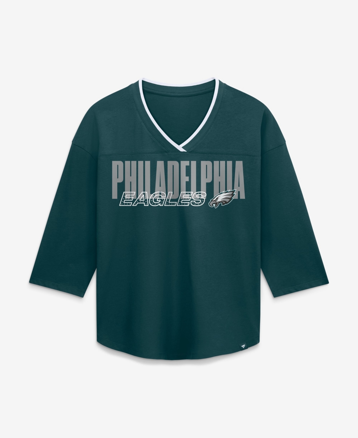 Fanatics Women's Plus Size Philadelphia Eagles Deceptive Juke 3/4-Sleeve V-Neck Relaxed-Fit T-Shirt - Midnight Green, White