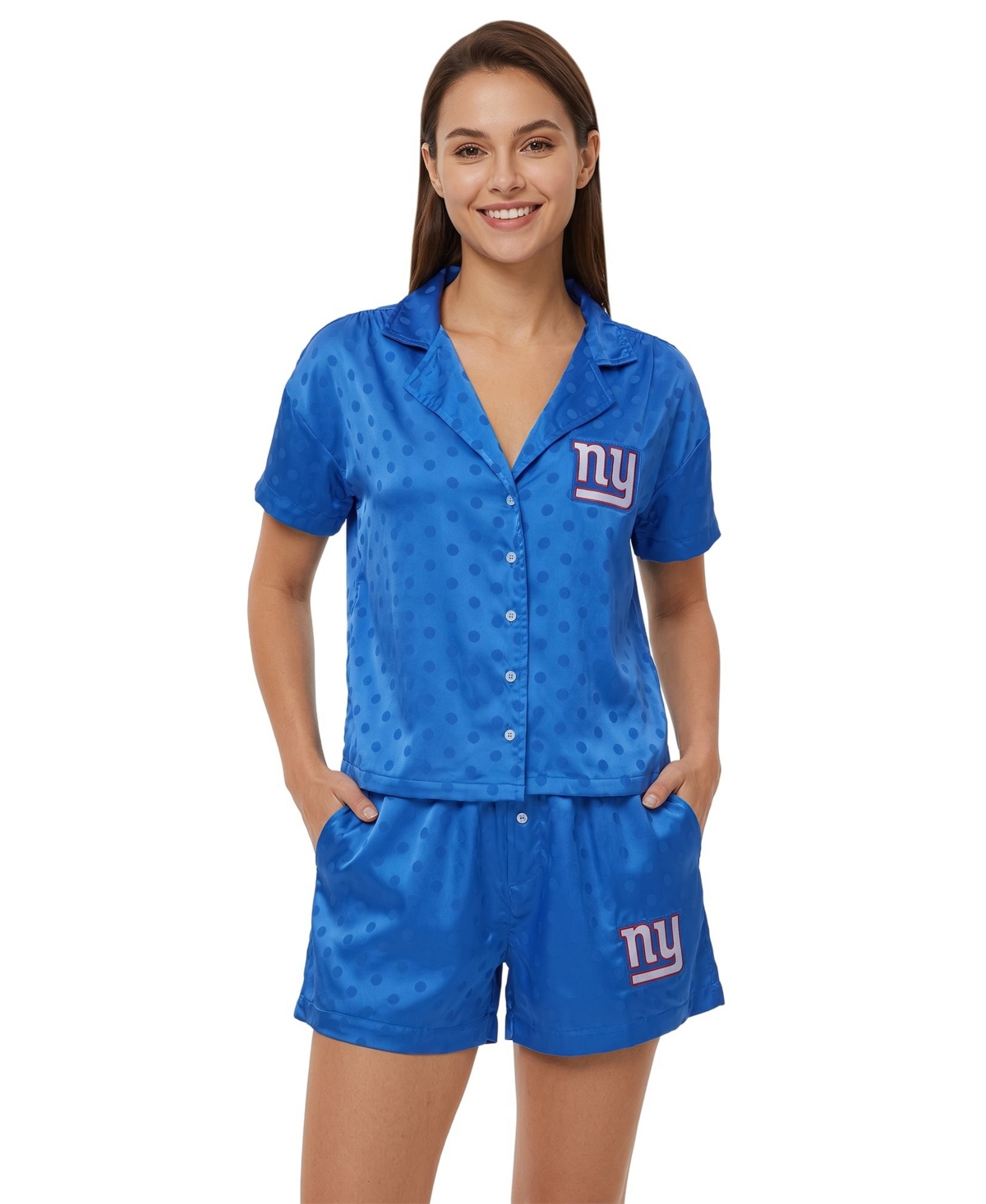 Concepts Sport Women's New York Giants Wink Dot Polka-Dot Button-Up Shirt and Shorts, 2-Piece Pajama Set - Royal, Royal