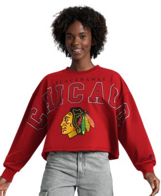 Women's  Red Chicago Blackhawks Bleachers Cropped Drop Shoulder Sweatshirt