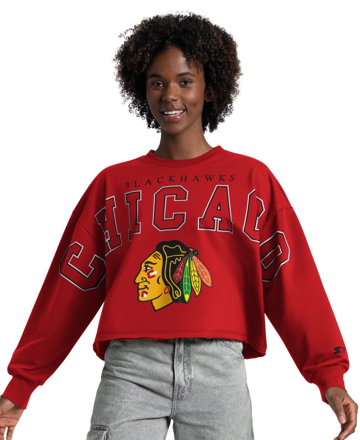 Starter Women's Bleachers Chicago Blackhawks Cropped Dropped-Shoulder Sweatshirt - Red