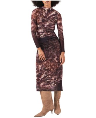 Women's Abstract-Print Long-Sleeve A-Line Midi Dress
