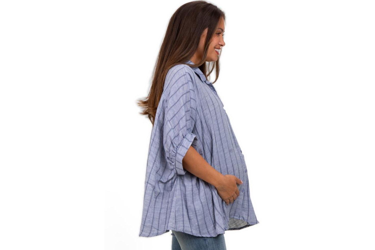Women's Blue Striped Collared Oversized Top
