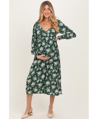 Women's Forest Green Floral Crossover Neckline Midi Dress