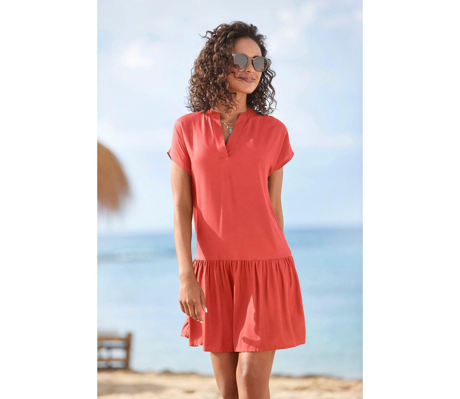 Women's Viscose Printed Flounce Hem Shift Notch-Neck Short Dress