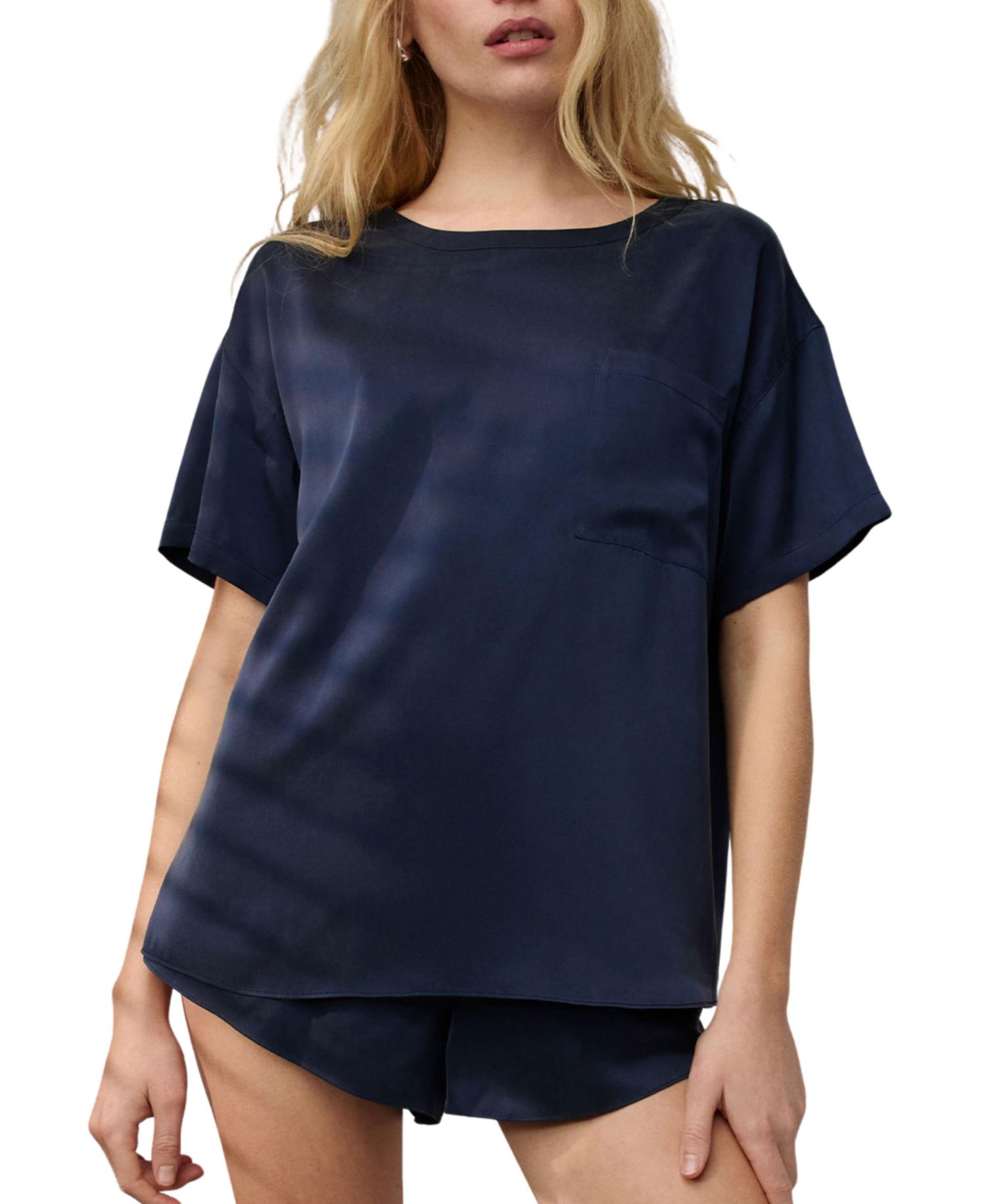 Women's Washable Silk Short-Sleeve Oversized Tee and Shorts, 2-Piece Set