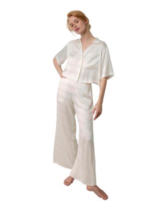 Women's Washable Silk High-Waisted Button-Down Top and Pant, 2-Piece Pajama Set