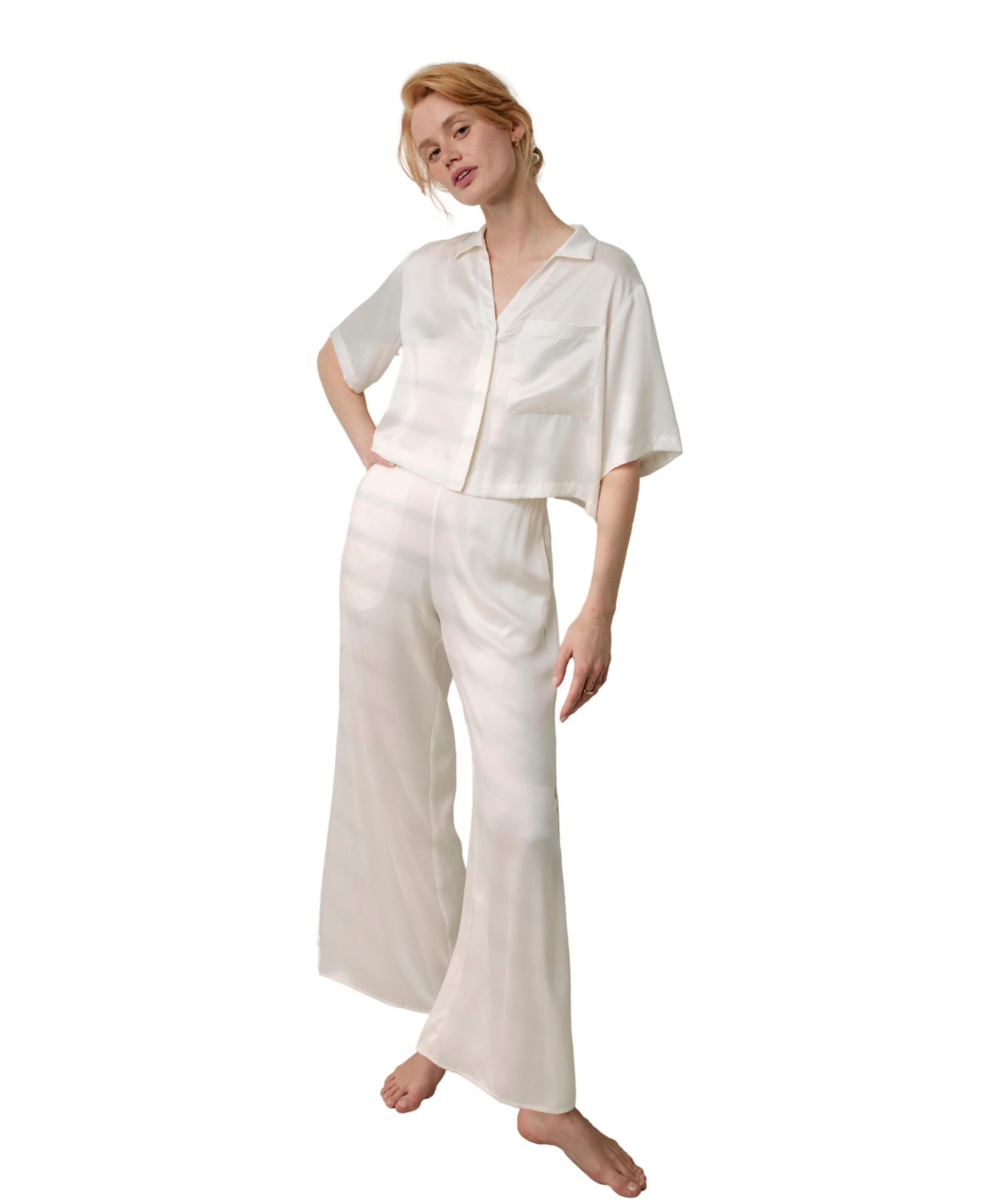 Women's Washable Silk High-Waisted Button-Down Top and Pant, 2-Piece Pajama Set