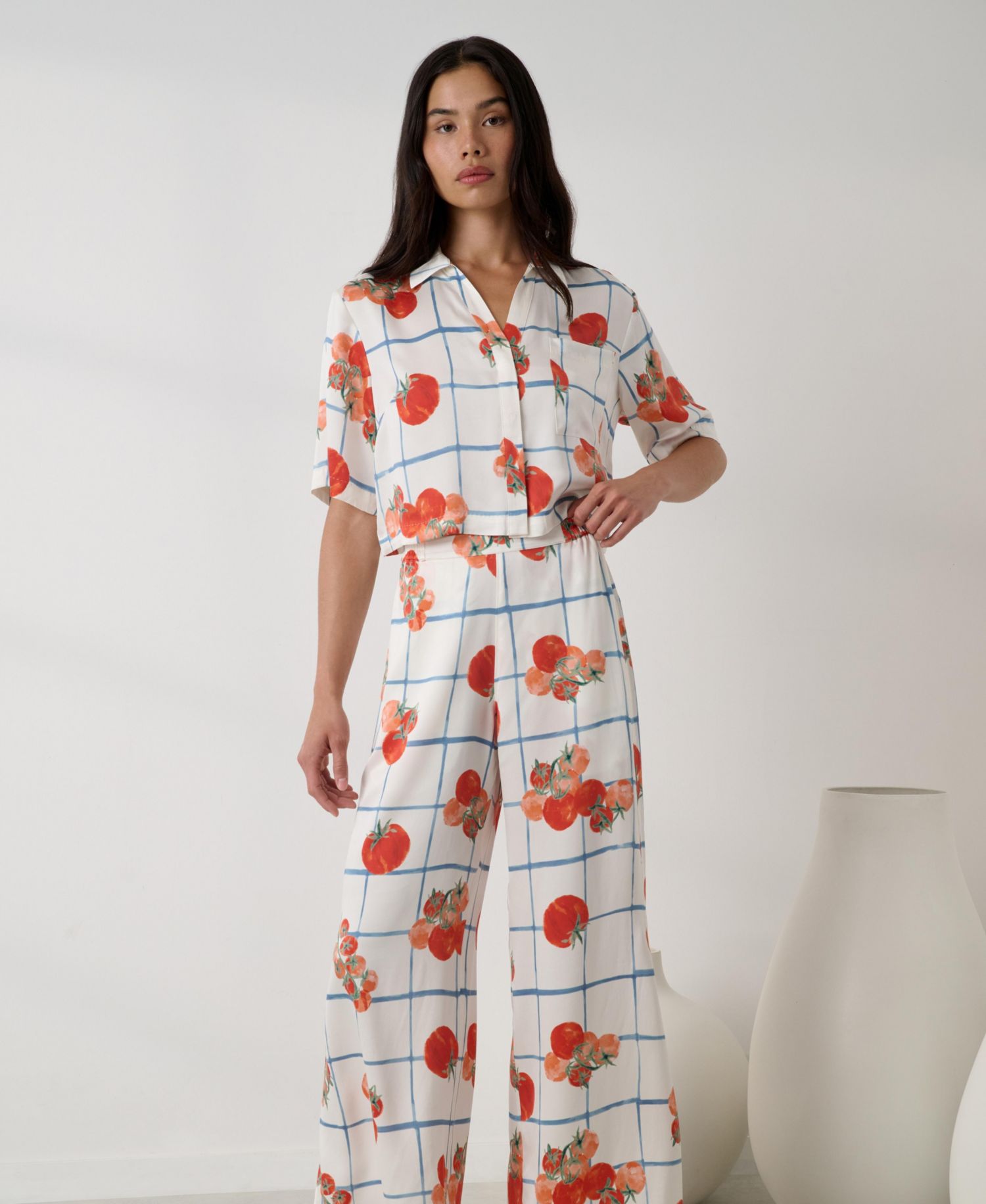 Women's Washable Silk High-Waisted Button-Down Top and Pant, 2-Piece Pajama Set