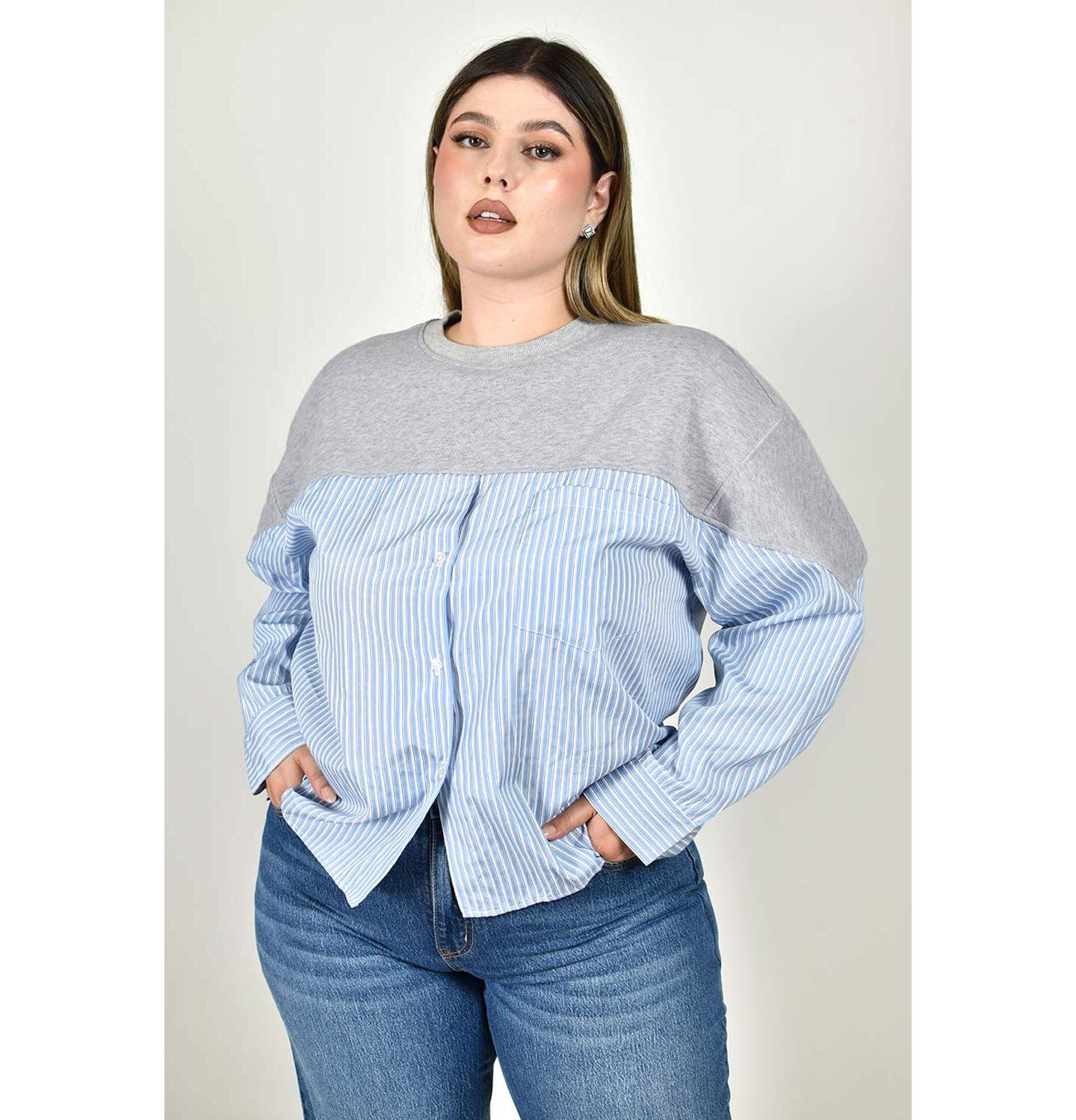Женская блузка Roman Fashion Plus Size Long-Sleeve Crewneck Colorblock Striped, цвет: Синий — фото 2