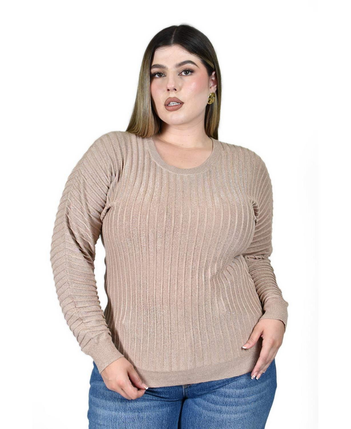 Roman Fashion Plus Size Ribbed Glitter Fitted Sweater - Rose gold