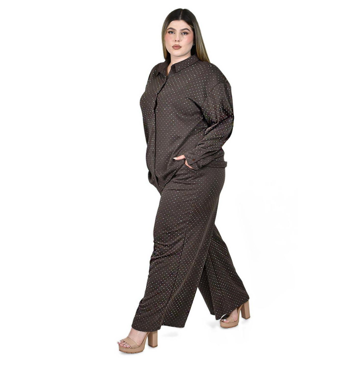 Женский комплект Roman Fashion Plus Size Polka-Dot Glitter Shirt and Pants, 2-Piece Set, цвет: Коричневый — фото 2