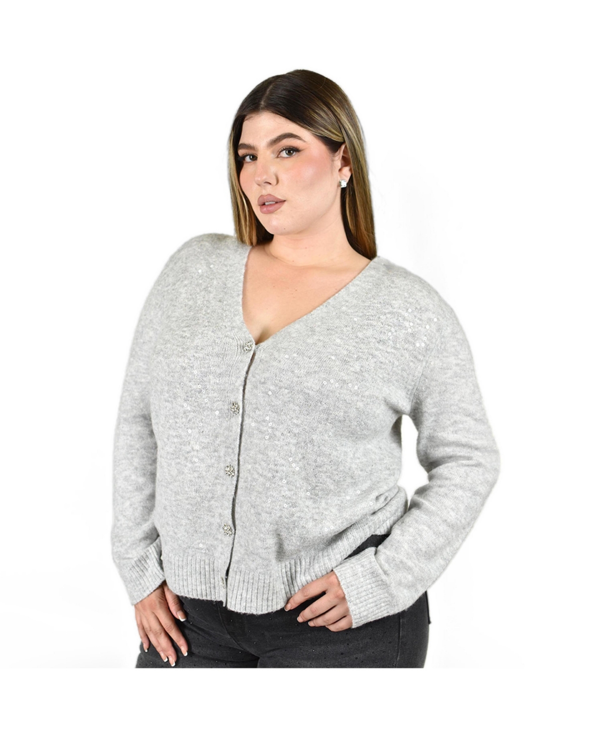 Roman Fashion Plus Size Sequin V-Neck Loose-Fit Cardigan - Grey