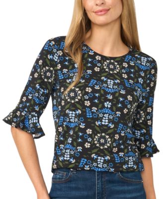 Women's Floral-Print Short-Sleeve Ruffle-Cuff Blouse