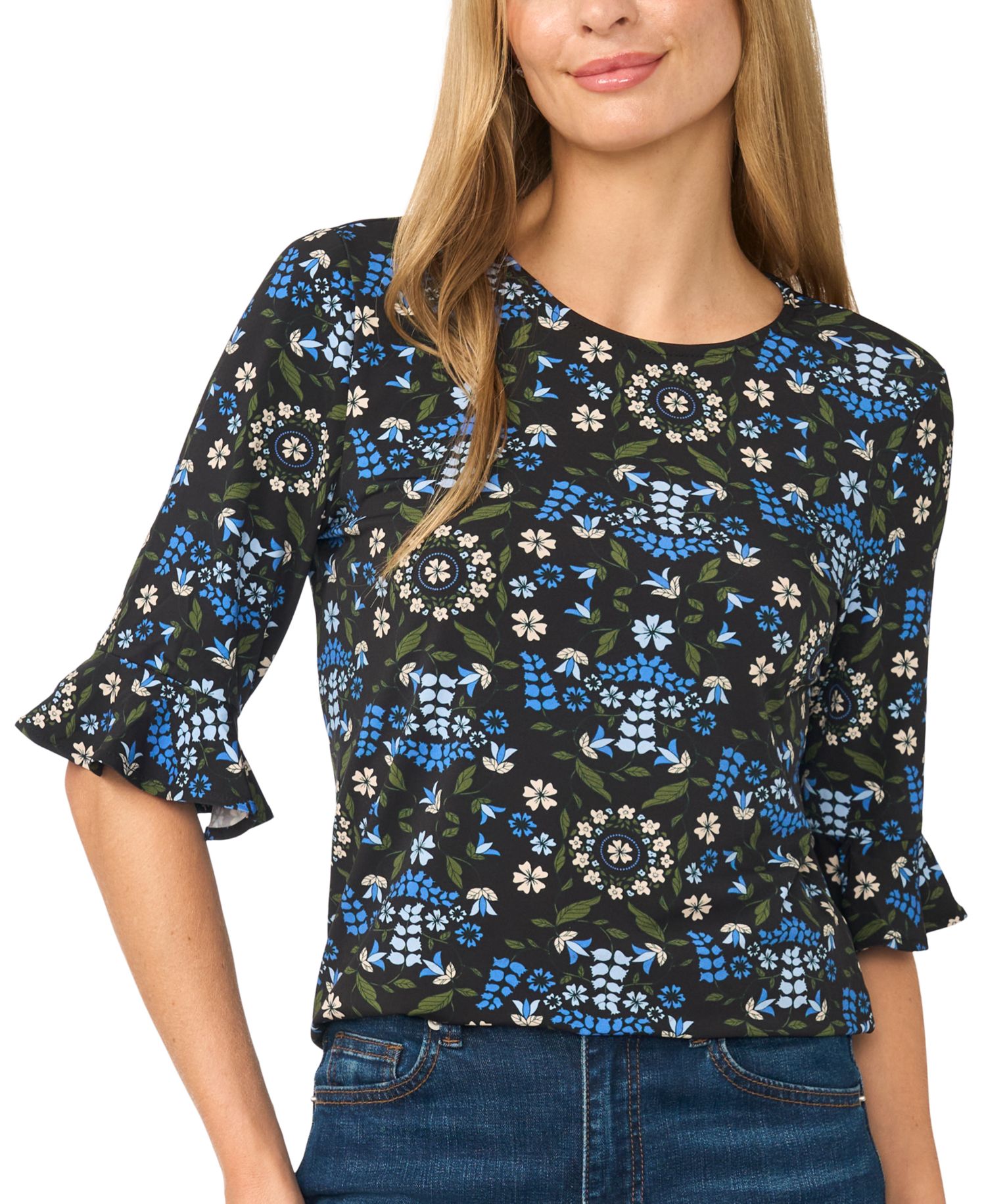 Women's Floral-Print Short-Sleeve Ruffle-Cuff Blouse