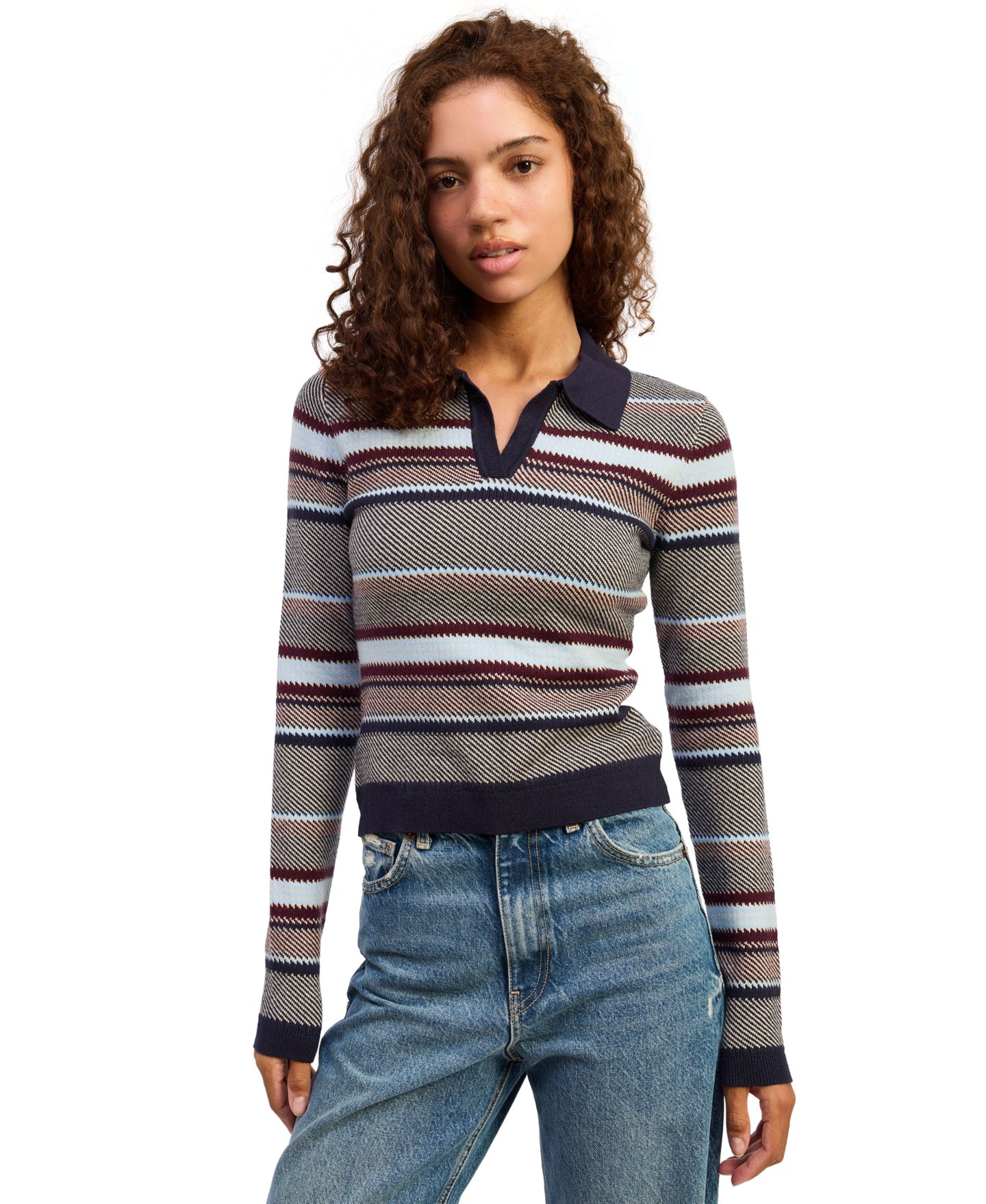 Женское поло En Saison Montgomery Long Sleeve V-Neck Polo, цвет: Тёмно-синий разноцветный — фото 1