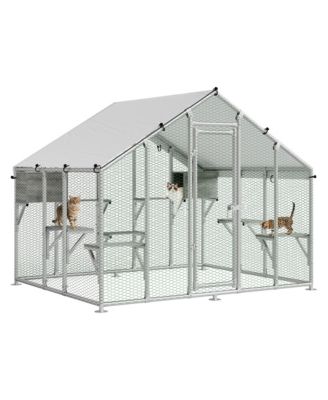 94.5" Large Catio Outdoor Cat Enclosure with 7 Platforms, 2 Condos and Waterproof UV-Resistant Roof