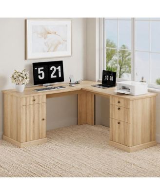 60" Fluted L-Shaped Desk with File Drawer and Charging Station with Storage, Corner Desk