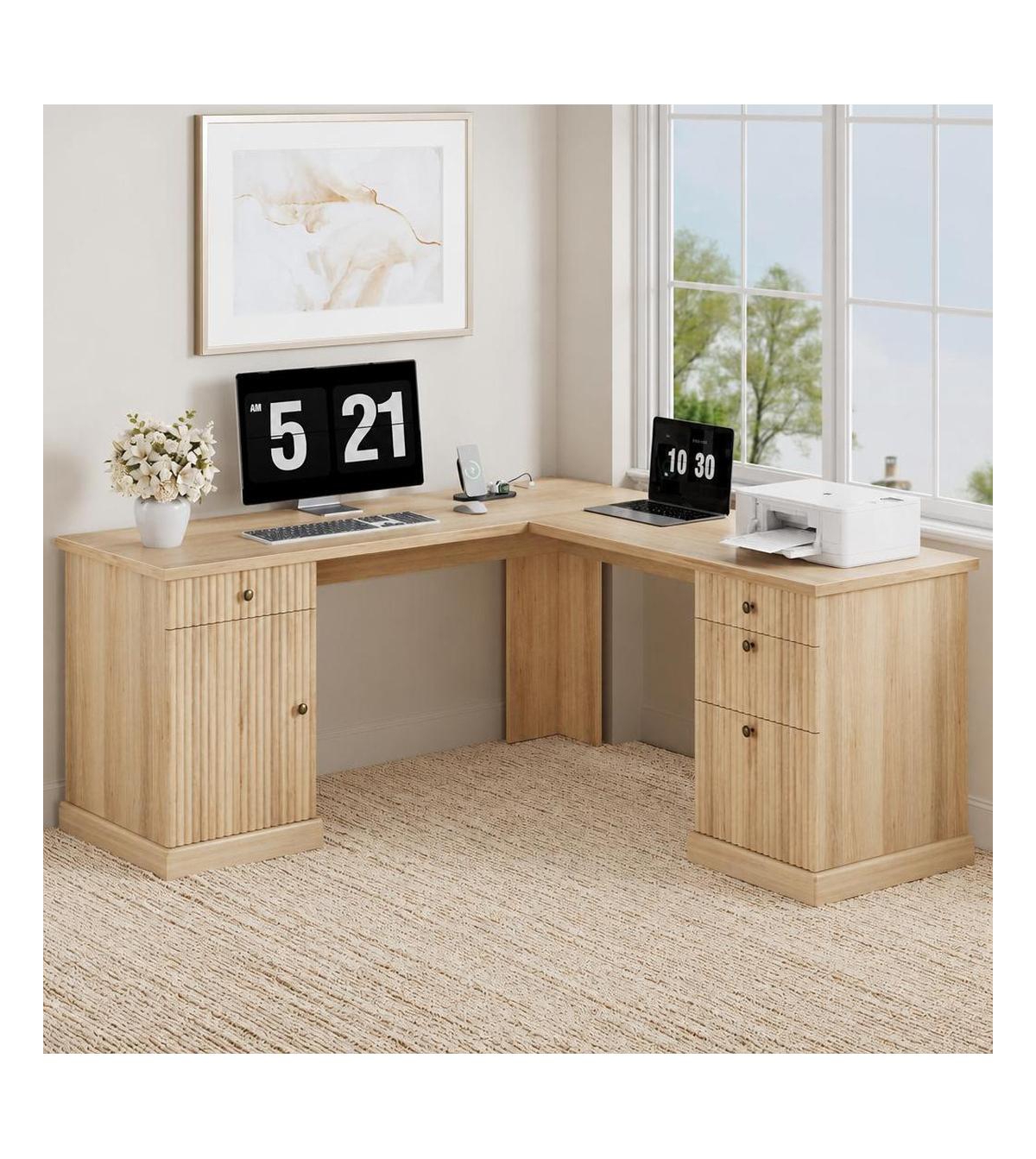 homfan 60" Fluted L-Shaped Desk with File Drawer and Charging Station with Storage, Corner Desk - Natural
