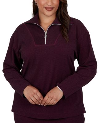 Plus Size Collared Quarter-Zip Ribbed-Knit Top