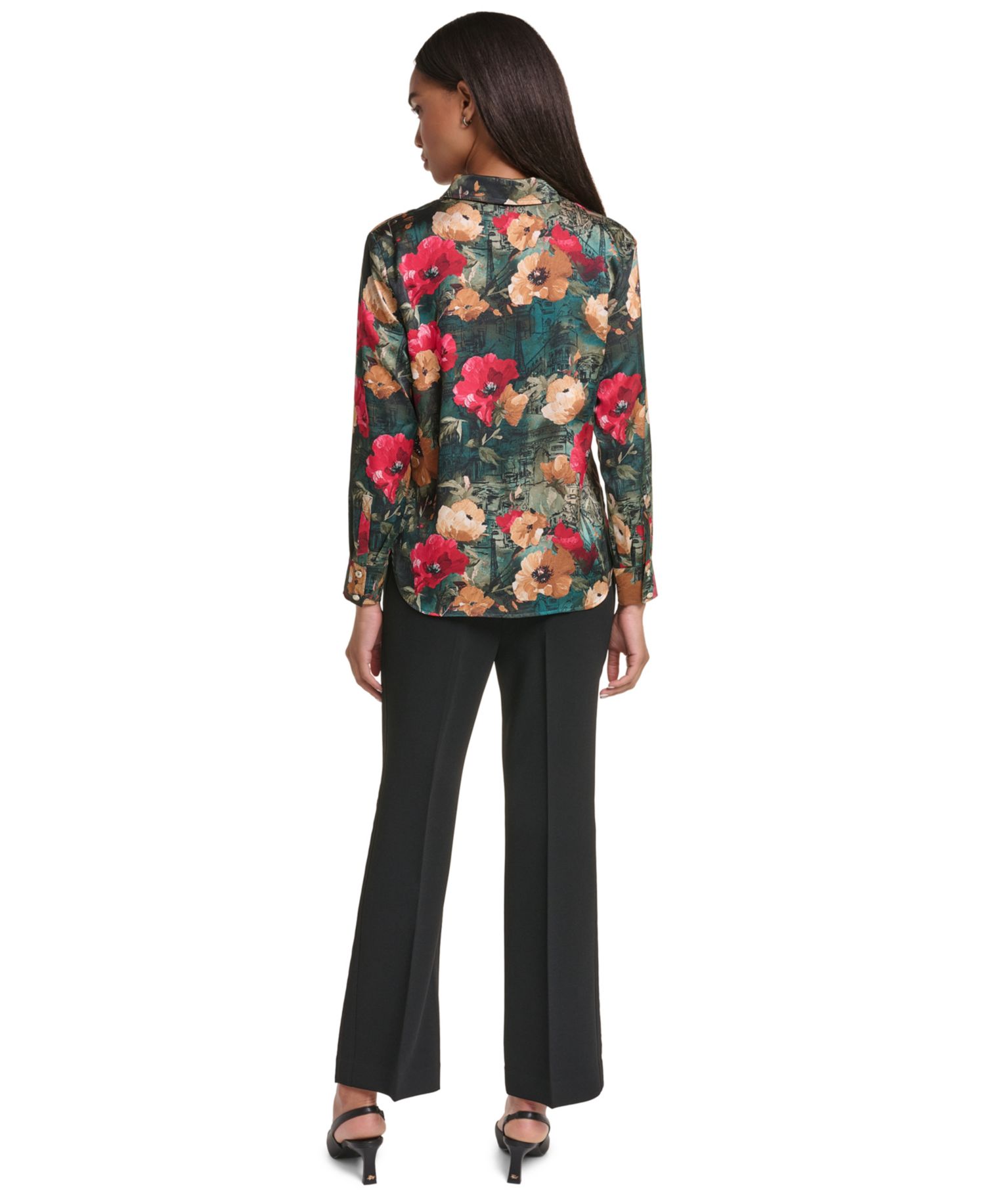 Petite Satin Floral Long-Sleeve Blouse