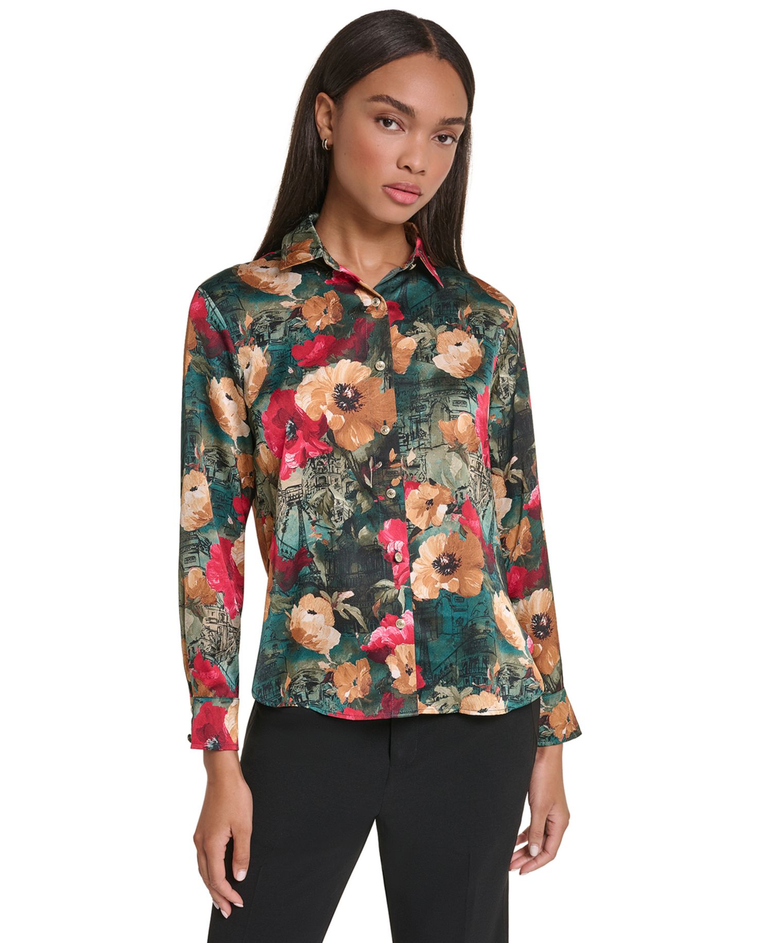 Petite Satin Floral Long-Sleeve Blouse