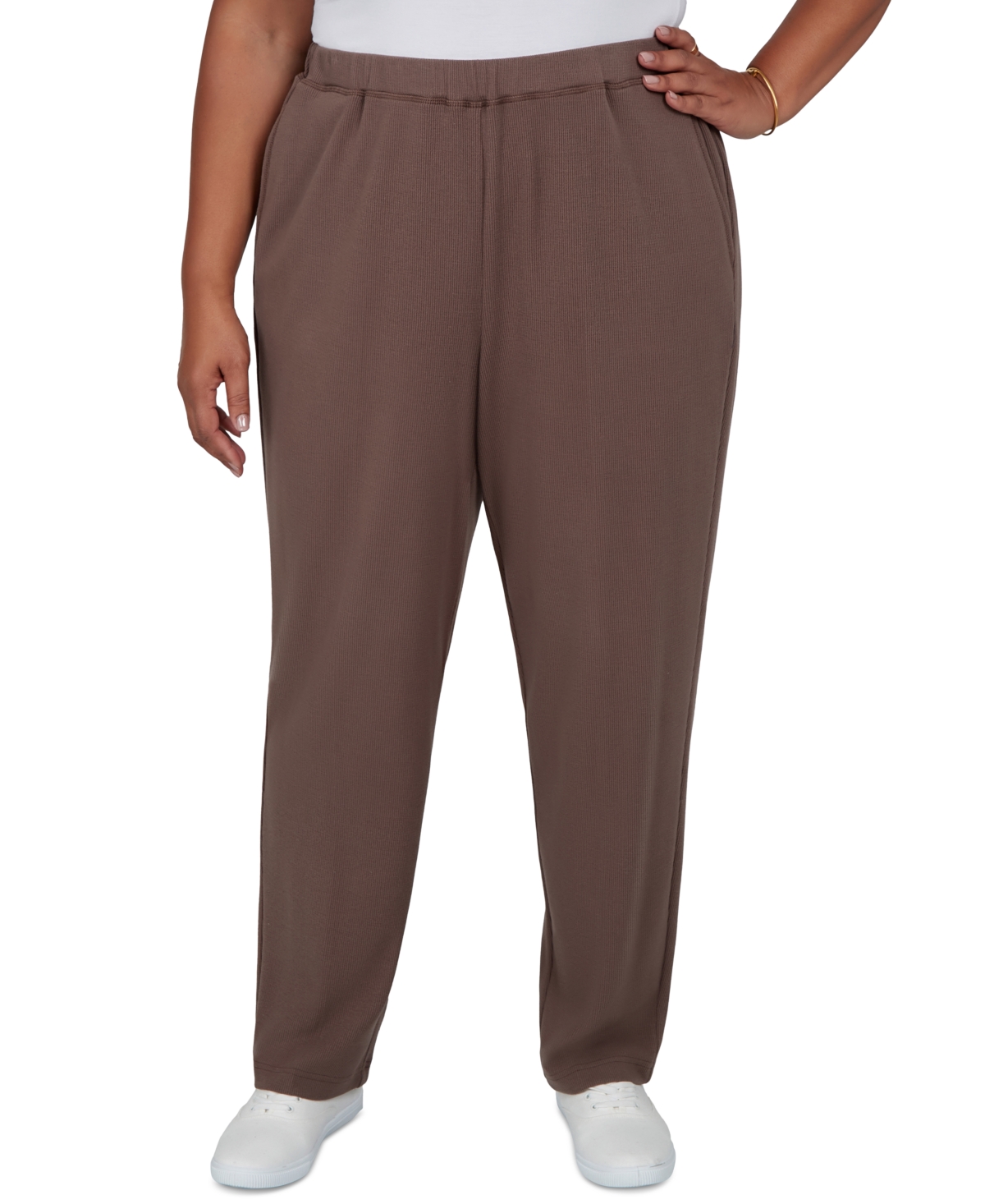 Alfred Dunner Plus Size Pull-On Straight Elastic Waist Pants - Mocha