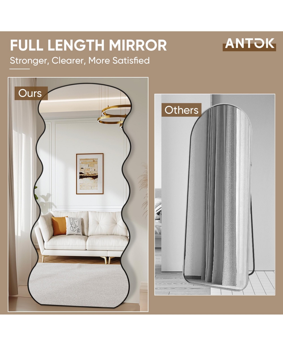 Antok Full Length Mirror, 71"x32" Wavy Mirror with Stand for Bedroom, Living Room Cloakroom
