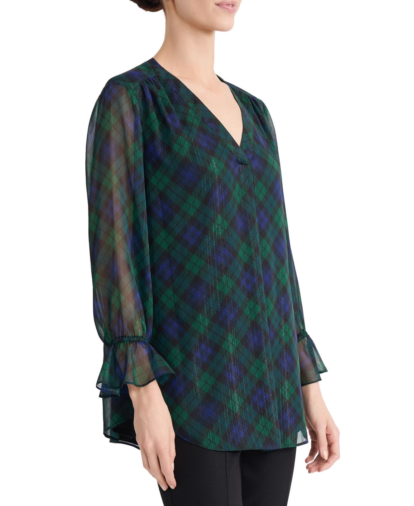 Женский топ Jones New York 3/4-Sleeve V-Neck Chiffon Tunic, цвет: Тёмно-зелёный разноцветный — фото 2
