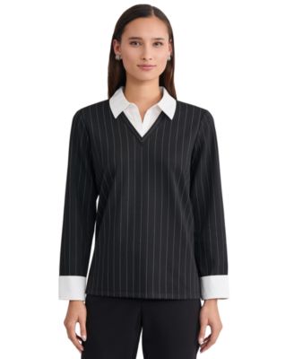 Women's Long-Sleeve Pinstripe V-Neck Blouse