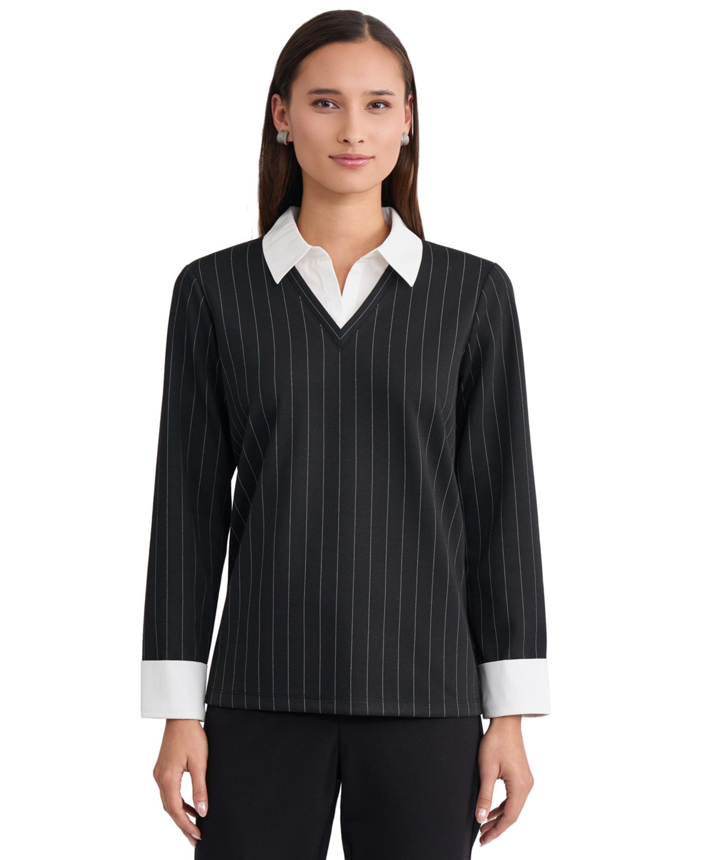 Женская блузка Jones New York Long-Sleeve Pinstripe V-Neck, цвет: Угольно-чёрный — фото 1