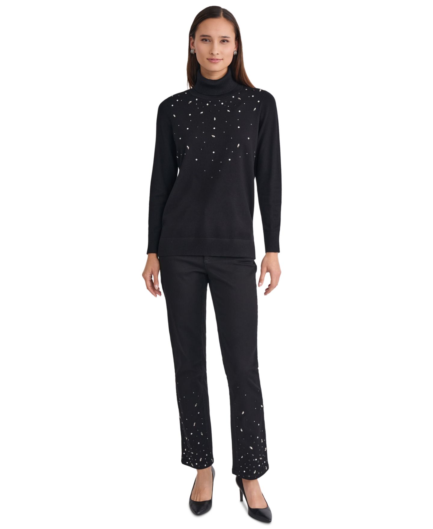 Женский свитер Jones New York Embellished Long-Sleeve Turtleneck, цвет: Чёрный — фото 2