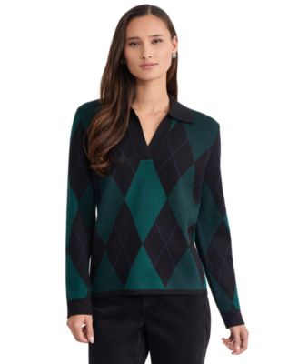Women's Oversized Argyle Long Sleeve Polo Sweater