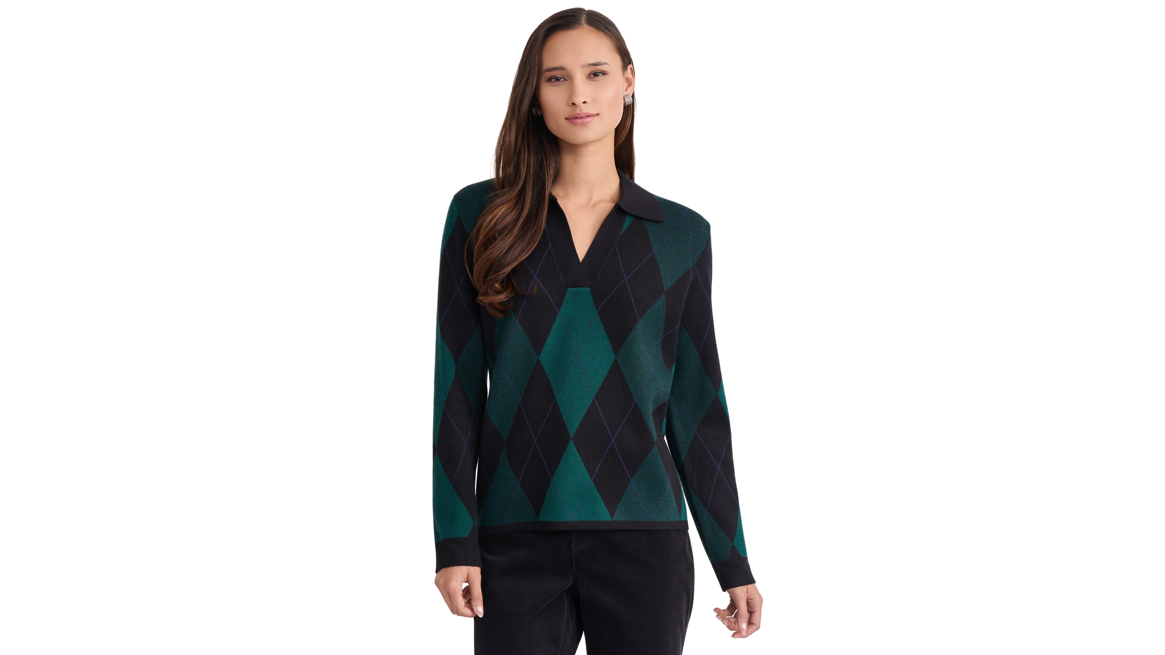 Jones New York Women's Oversized Argyle Long Sleeve Polo